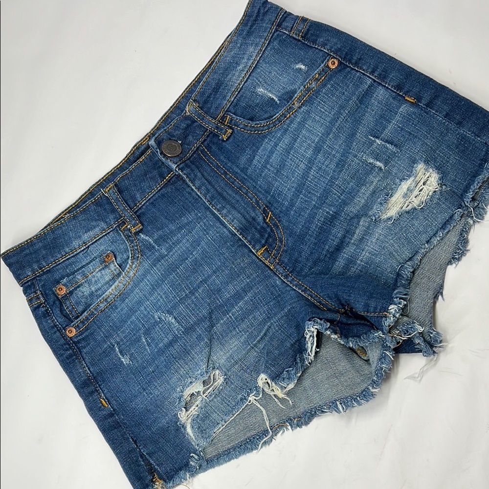 AEROPOSTALE Women’s High Waist Midi Size 4 Blue Denim Cut Off Shorts